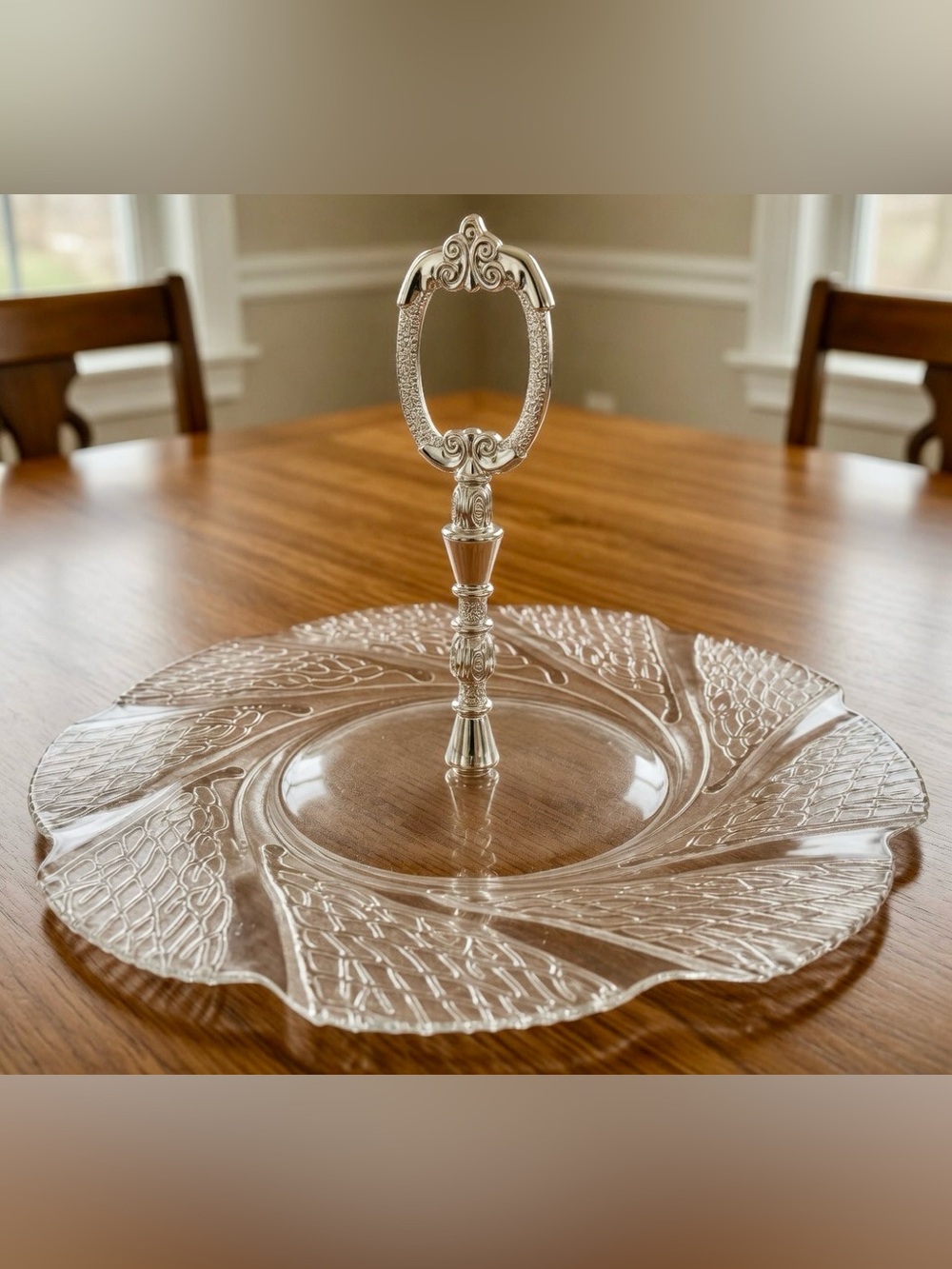 Vintage Crystal Serving Platter with Silver-Plated Handle (10 inch)